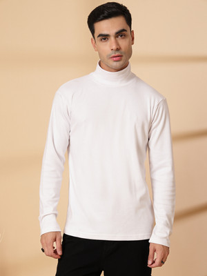 CHKOKKO Solid Men High Neck White T-Shirt