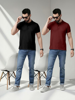 METRONAUT Solid Men Polo Neck Black, Maroon T-Shirt