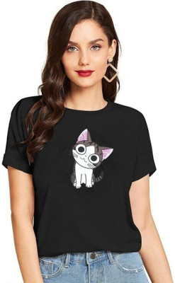 Yumina Animal Print Women Round Neck Black T-Shirt