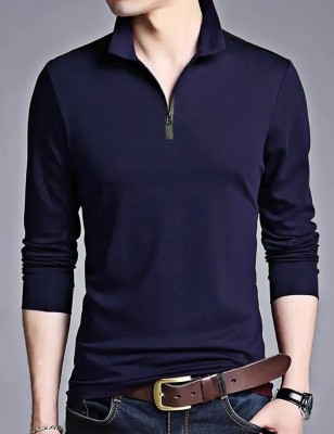 InkTees Solid Men Zip Neck Navy Blue T-Shirt