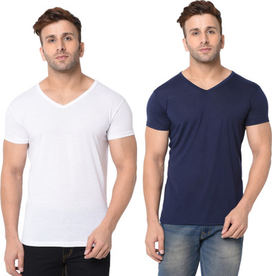 JB Jangoboy Solid Men V Neck Dark Blue, White T-Shirt