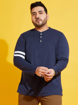 bigbanana Solid Men Henley Neck Navy Blue T-Shirt