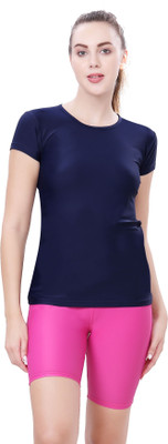 Lactra Solid Women Round Neck Blue T-Shirt