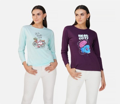 CHOZI Printed Women Round Neck Purple, Light Blue T-Shirt