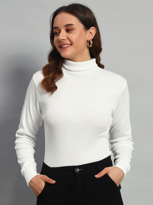 JIVI SHINE Self Design Women Turtle Neck White T-Shirt
