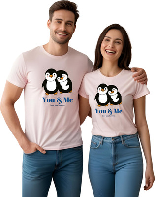 KART BLACK Self Design Couple Round Neck Pink T-Shirt