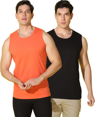 WOOSTRO Solid Men Round Neck Orange, Black T-Shirt