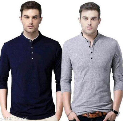 TEEMEX Solid Men Mandarin Collar Green, Grey T-Shirt