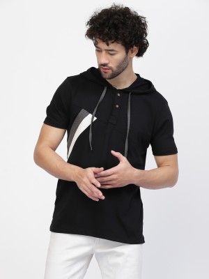 KALT Solid Men Hooded Neck Black T-Shirt