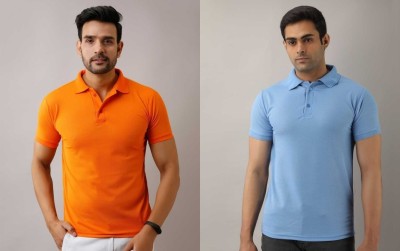 Silver Swan Solid Men Polo Neck Orange, Light Blue T-Shirt