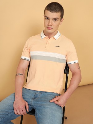 Wrangler Striped Men Polo Neck Orange T-Shirt