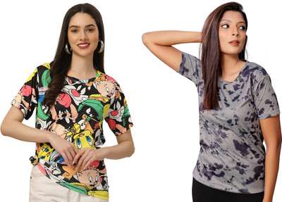 Apachee Printed Women Round Neck Multicolor T-Shirt