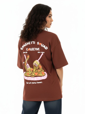 Glitchez Printed Women Round Neck Brown T-Shirt