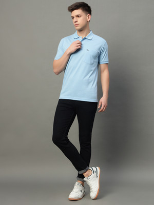 RISS CLOTHING Solid Men Polo Neck Light Blue T-Shirt