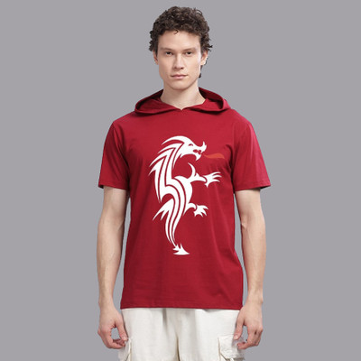SolaceActive Graphic Print Men Hooded Neck Reversible Maroon T-Shirt