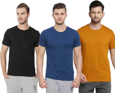 VAN HEUSEN Solid Men Round Neck Yellow, Black, Dark Blue T-Shirt