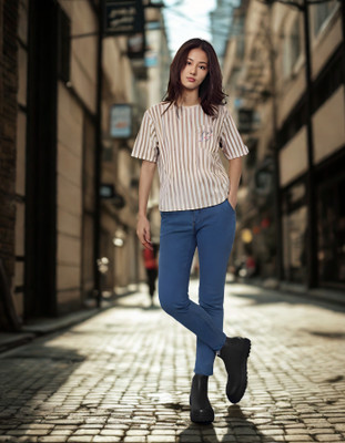 Marc Luarente Striped Women Round Neck Beige T-Shirt