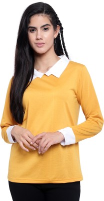 FARBOT Solid Women Polo Neck Yellow T-Shirt
