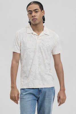Snitch Floral Print Men Polo Neck White T-Shirt