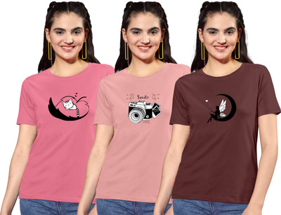 ZentWorld Graphic Print Women Round Neck Pink, Beige, Brown T-Shirt