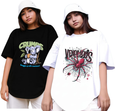 R S Fashion Printed Women Round Neck Black, White T-Shirt