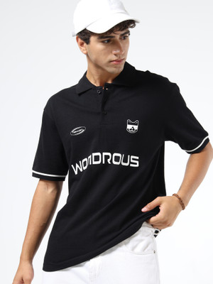 Glitchez Printed Men Polo Neck Black T-Shirt