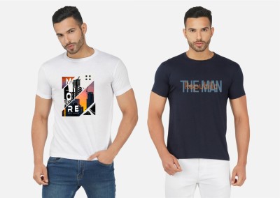 GLOBAL NOMAD Printed Men Round Neck White, Navy Blue T-Shirt