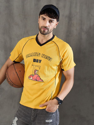 FUGAZEE Printed Men V Neck Yellow T-Shirt