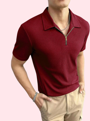 TAZO Self Design Men Polo Neck Maroon T-Shirt