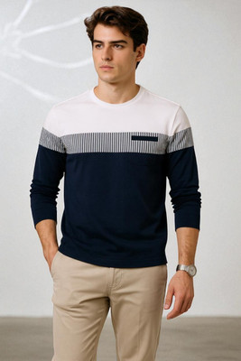Autna Colorblock Men Round Neck Navy Blue, White T-Shirt