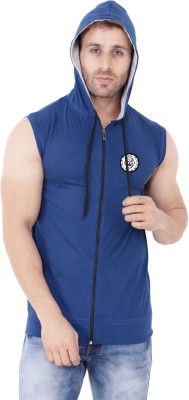 BEYOU FASHION Solid Men Hooded Neck Blue T-Shirt