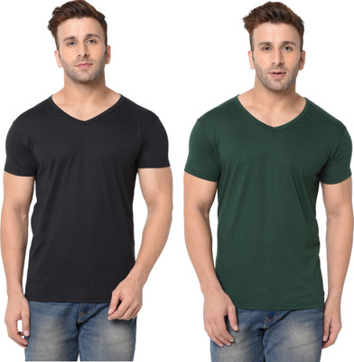 Tresna Trending Solid Men V Neck Dark Green, Black T-Shirt