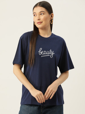 SLENOR Graphic Print Women Round Neck Navy Blue T-Shirt
