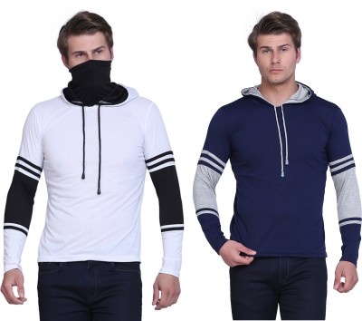 HYDEY Solid Men Hooded Neck White, Navy Blue T-Shirt