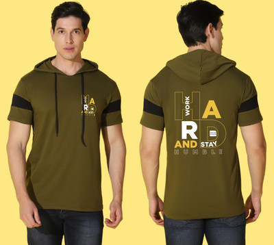 WOOSTRO Printed Men Hooded Neck Dark Green T-Shirt