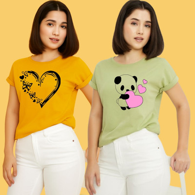 Kintu Parantu Printed Women Round Neck Yellow, Green T-Shirt