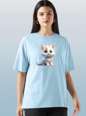 EKKANIYA Self Design Women Round Neck Light Blue T-Shirt