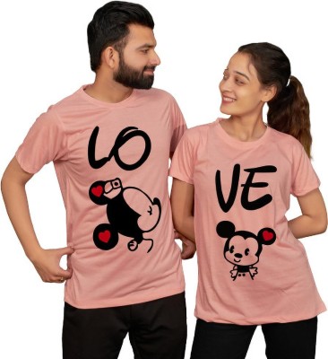 Radhe Fashion Printed Couple Round Neck Pink T-Shirt