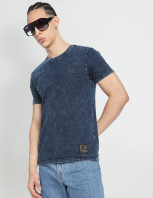 FLYING MACHINE Solid Men Round Neck Blue T-Shirt