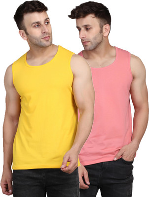SLOWLORIS Solid Men Round Neck Pink, Yellow T-Shirt