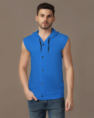GEUM Solid Men Hooded Neck Blue T-Shirt
