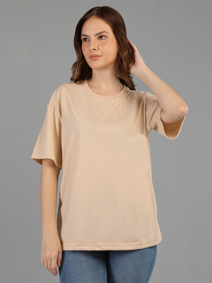ETC Solid Women Round Neck Beige T-Shirt