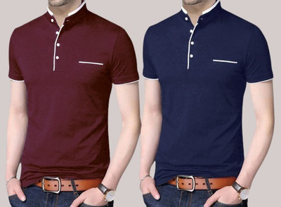 Reya Solid Men Mandarin Collar Maroon, Blue T-Shirt