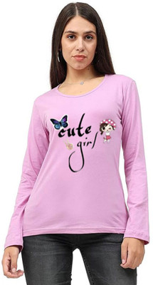 Vylo Printed Women Round Neck Purple T-Shirt
