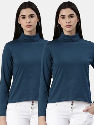 Kryptic Solid Women High Neck Blue T-Shirt