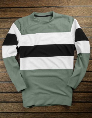 FIONAA TRENDZ Striped Men Round Neck Light Green T-Shirt