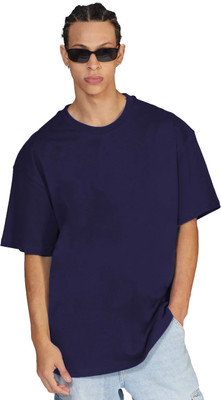 Leotude Solid Men Round Neck Navy Blue T-Shirt