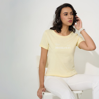 Ajile By Pantaloons Printed Women Round Neck Yellow T-Shirt