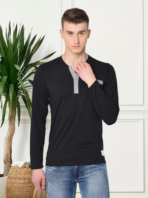 UNICUS APPAREL Solid Men Henley Neck Black T-Shirt
