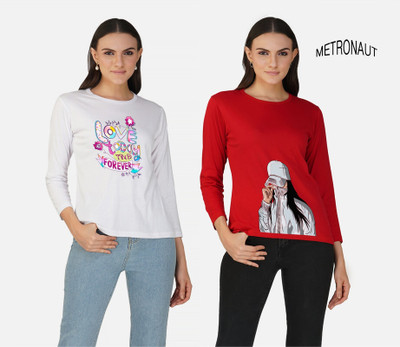 METRONAUT Printed Women Round Neck White, Red T-Shirt